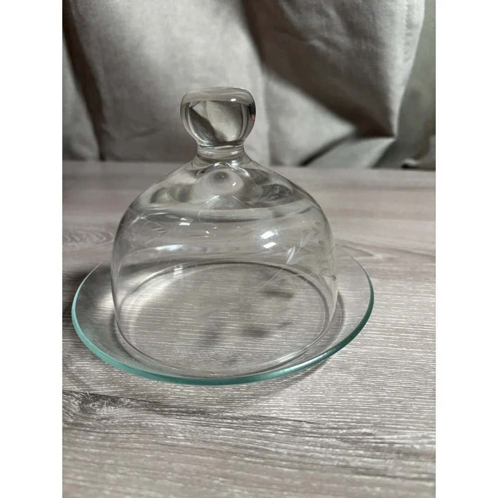 Vintage Etched Glass Butter Dish with Domed Cloche Lid Floral Clear 2 Piece Set